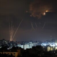 A picture taken on August 5, 2022, shows Palestinian rockets fired from Gaza City into Israel. (Mohammed Abed/AFP)