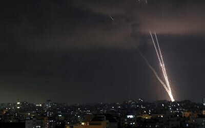 A picture taken on August 5, 2022, shows Palestinian rockets fired from in Gaza City into Israel. Palestinians fired rockets at Israel from the Gaza Strip on Friday evening, AFP correspondents in Gaza City witnessed. (MOHAMMED ABED / AFP)