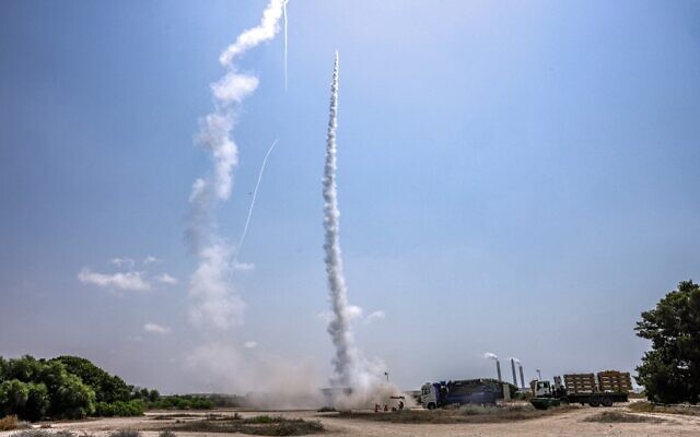 A missile is launched from a battery of Israel's Iron Dome defense missile system, designed to intercept and destroy incoming short-range rockets and artillery shells, in Ashkelon in southern Israel on August 6, 2022, amid fighting with the Gaza-based Palestinian Islamic Jihad terror group. (Menahem Kahana/AFP)