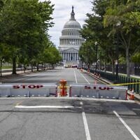 The area where a man crashed into a barricade at the US Capitol on August 14, 2022 in Washington, DC. A man crashed his car into a barricade protecting the US Capitol early Sunday and fired a handgun in the air several times before fatally shooting himself. (TASOS KATOPODIS / GETTY IMAGES NORTH AMERICA / via AFP)