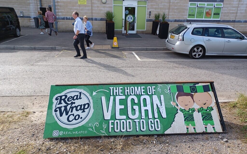 Vegan food at New Lawn Stadium in Nailsworth, England, August 20, 2022. (Shaul Adar)