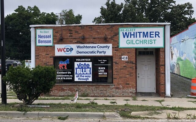 A Washtenaw County Democratic Party office in Ypsilanti, Michigan, August 1, 2022. (Andrew Lapin/JTA)