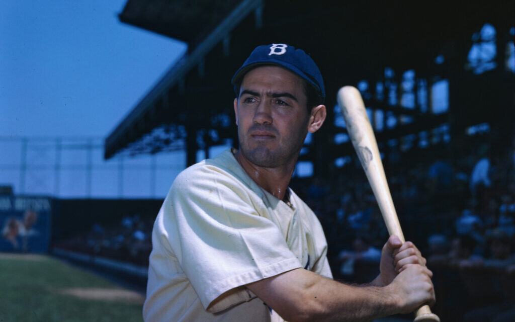 George 'Goody' Rosen, a baseball player with the Brooklyn Dodgers, is shown ready to swing the bat. (Getty Images/ via JTA)