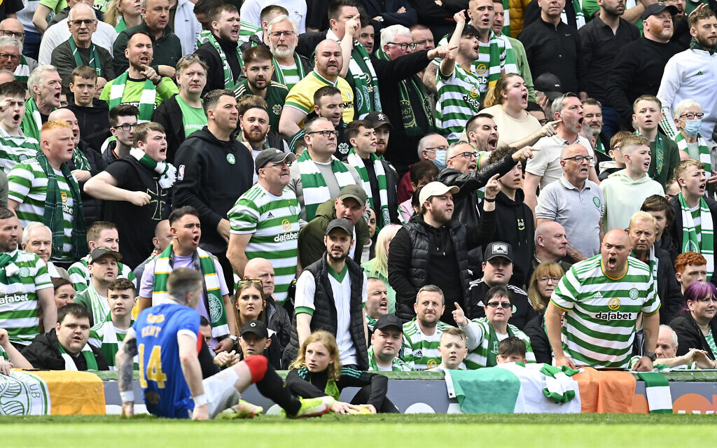 Celtic fans react during a Premiership match between Celtic and Rangers at Celtic Park in Glasgow, May 1, 2022. (Rob Casey/SNS Group via Getty Images/ via JTA)