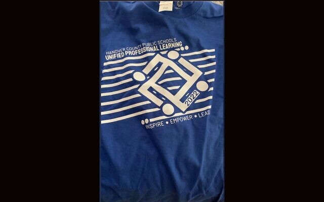 A t-shirt distributed at a conference for Hanover County Public Schools outside Richmond, Va., displaying a logo that resembles a swastika. (Twitter via JTA)