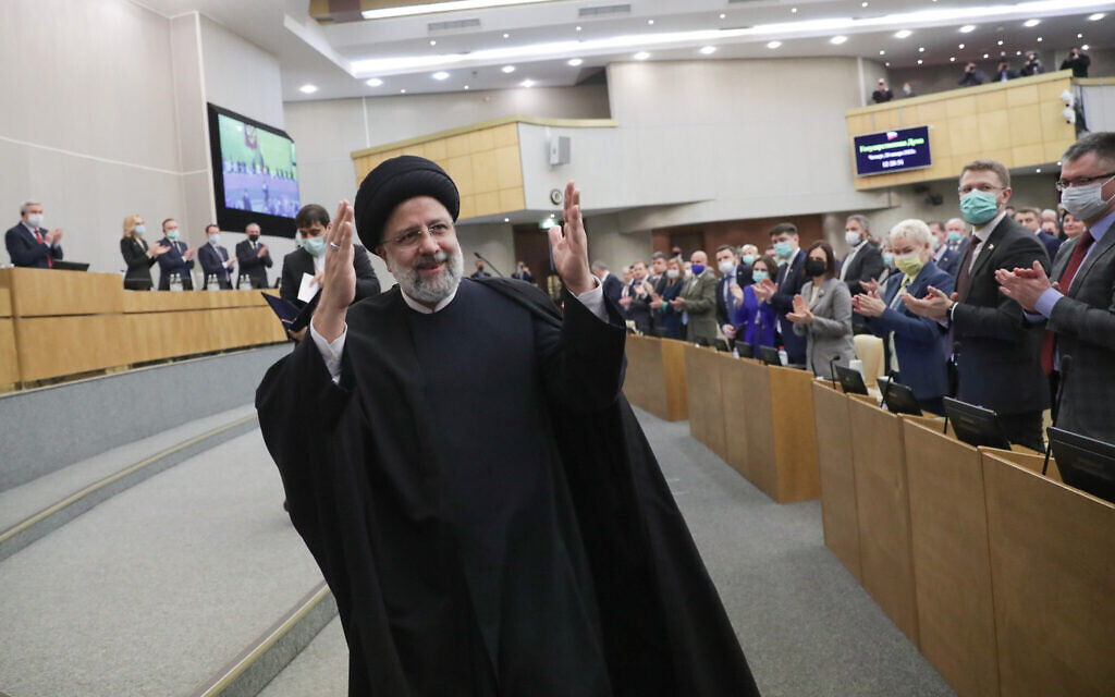 Illustrative: Iranian President Ebrahim Raisi gestures after delivering his speech at the State Duma, the Lower House of the Russian Parliament in Moscow, Russia, January 20, 2022. (The State Duma, The Federal Assembly of The Russian Federation Press Service via AP)
