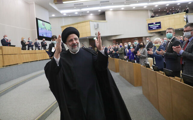 Illustrative: Iranian President Ebrahim Raisi gestures after delivering his speech at the State Duma, the Lower House of the Russian Parliament in Moscow, Russia, January 20, 2022. (The State Duma, The Federal Assembly of The Russian Federation Press Service via AP)