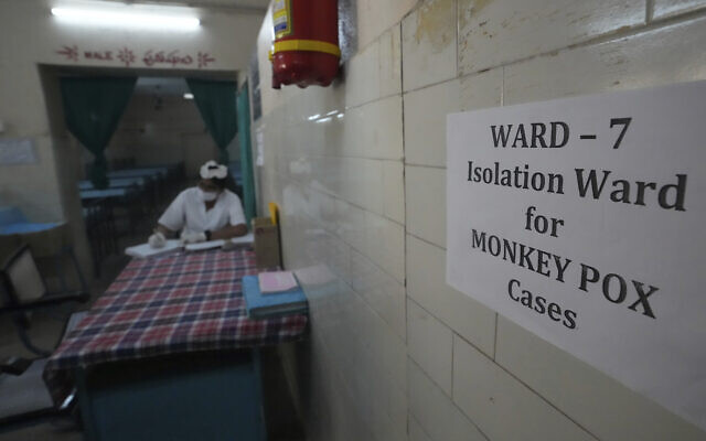 A health worker works at a monkeypox ward set up at a government hospital in Hyderabad, India, July 20, 2022. (AP Photo/Mahesh Kumar A.)