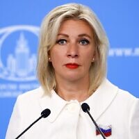 In this photo released by the Russian Foreign Ministry Press Service, Russian Foreign Ministry's spokeswoman Maria Zakharova speaks in Moscow, Russia, Thursday, July 21, 2022. (Russian Foreign Ministry Press Service via AP)