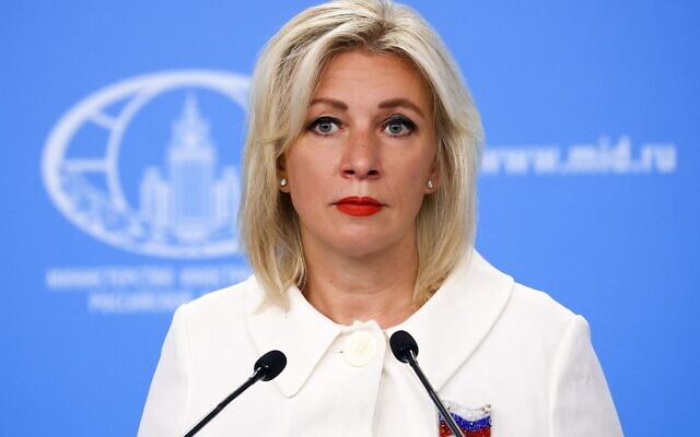In this photo released by the Russian Foreign Ministry Press Service, Russian Foreign Ministry's spokeswoman Maria Zakharova speaks in Moscow, Russia, Thursday, July 21, 2022. (Russian Foreign Ministry Press Service via AP)
