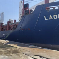 Syrian cargo ship Laodicea docked at a seaport, in Tripoli, northern Lebanon, July 29, 2022. (AP Photo)