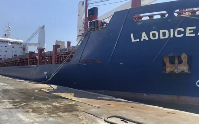 Syrian cargo ship Laodicea docked at a seaport, in Tripoli, northern Lebanon, July 29, 2022. (AP Photo)