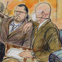 This artist sketch depicts Guy Wesley Reffitt, joined by his lawyer William Welch, right, in Federal Court, in Washington, on Feb. 28, 2022.  (Dana Verkouteren via AP)