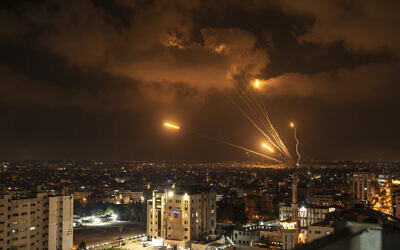 Rockets fired by Palestinians toward Israel, in Gaza City, August 5, 2022. (AP/Fatima Shbair)