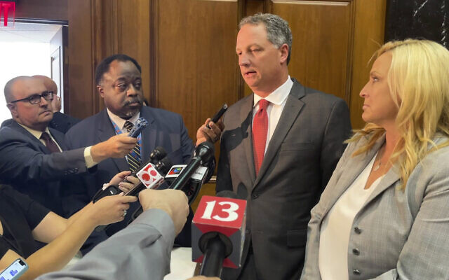 Indiana Republican House Speaker Todd Huston, left, and Republican Rep. Wendy McNamara, right, speak with reporters after the Indiana House approved a near-total abortion ban at the Statehouse in Indianapolis, Friday, August 5, 2022. The legislation returns to the Senate to confer on the House changes. (AP/Arleigh Rodgers)