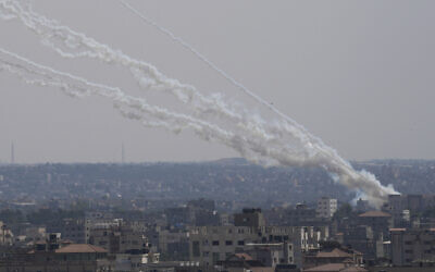 Rockets are launched from the Gaza Strip towards Israel, in Gaza City, August 7, 2022. (AP Photo/Hatem Moussa)