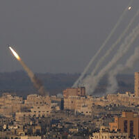 Rockets are launched towards Israel from Gaza City in the Gaza Strip, Aug. 7, 2022. (Hatem Moussa/AP)