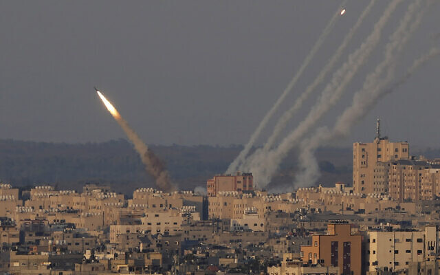 Rockets are launched towards Israel from Gaza City in the Gaza Strip, Aug. 7, 2022. (Hatem Moussa/AP)