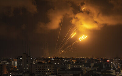 Rockets fired by Palestinian terrorists toward Israel, in Gaza City, August 6, 2022. (AP Photo/Fatima Shbair)