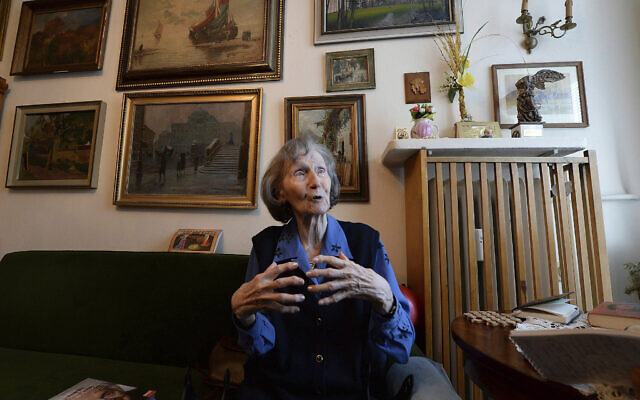 Zofia Posmysz, a then-96-year-old Polish Catholic woman who survived the Nazi German concentration camps of Auschwitz and Ravensbrueck, poses at her home in Warsaw, Poland, January 14, 2020. (AP Photo/Czarek Sokolowski, File)