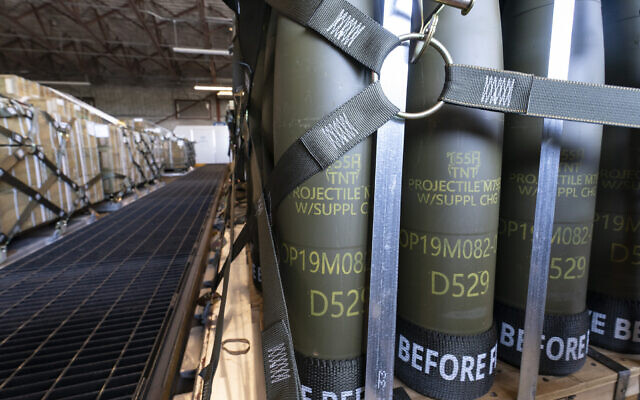 FILE - Pallets of 155 mm shells ultimately bound for Ukraine are loaded by the 436th Aerial Port Squadron, April 29, 2022, at Dover Air Force Base, Delaware. (AP Photo/Alex Brandon, File)