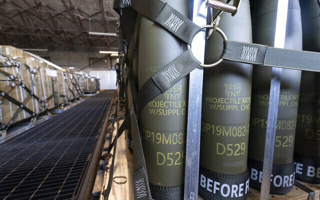 Pallets of 155 mm shells ultimately bound for Ukraine are loaded by the 436th Aerial Port Squadron, Friday, April 29, 2022, at Dover Air Force Base, Del. (AP/Alex Brandon)