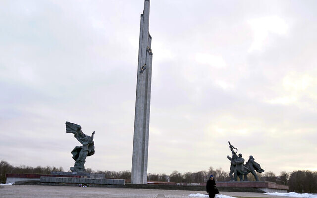 The Monument to the Liberators of Soviet Latvia and Riga from the German Fascist Invaders stands, in Riga, Latvia, Feb. 23, 2022 (AP Photo/Roman Koksarov, File)