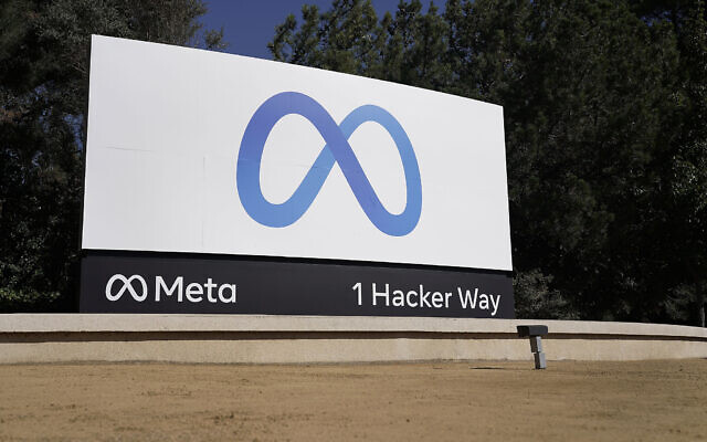 Facebook's Meta logo sign is seen at the company headquarters in Menlo Park, California, October 28, 2021. (AP/Tony Avelar)