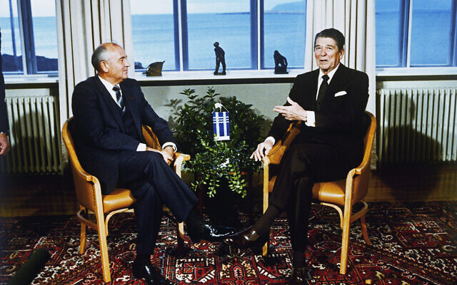 Soviet Leader Mikhail Gorbachev, left, and US president Ronald Reagan during a meeting in Reykjavik, Iceland, Oct. 11, 1986. (AP Photo/Scott Stewart, File)
