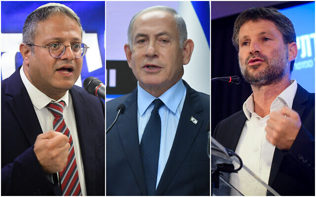 From left to right: Otzma Yehudit leader MK Itamar Ben Gvir, Likud chairman Benjamin Netanyahu, and Religious Zionism head MK Bezalel Smotrich, in 2022. (Avshalom Sassoni/Flash90)