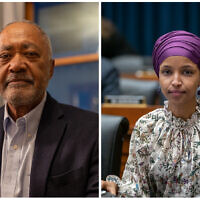 (L) Don Samuels, Democratic candidate for Minnesota's 5th Congressional district.  (R) Rep. Ilhan Omar, D-Minn. at a House Education and Labor Committee hearing on Capitol Hill in Washington on March 6, 2019. (Neighbors for Samuels; AP/J. Scott Applewhite/collage by Times of Israel)