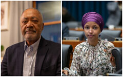 (L) Don Samuels, Democratic candidate for Minnesota's 5th Congressional district.  (R) Rep. Ilhan Omar, D-Minn. at a House Education and Labor Committee hearing on Capitol Hill in Washington on March 6, 2019. (Neighbors for Samuels; AP/J. Scott Applewhite/collage by Times of Israel)