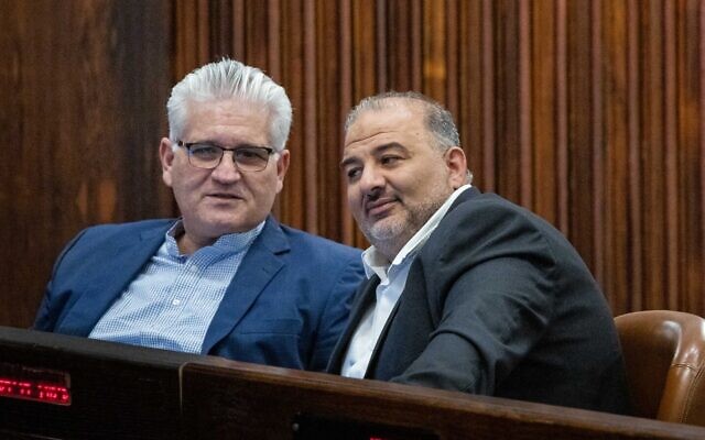 MKs Eli Avidar (left) and Mansour Abbas in the Knesset, June 13, 2022. (Yonatan Sindel/Flash90)