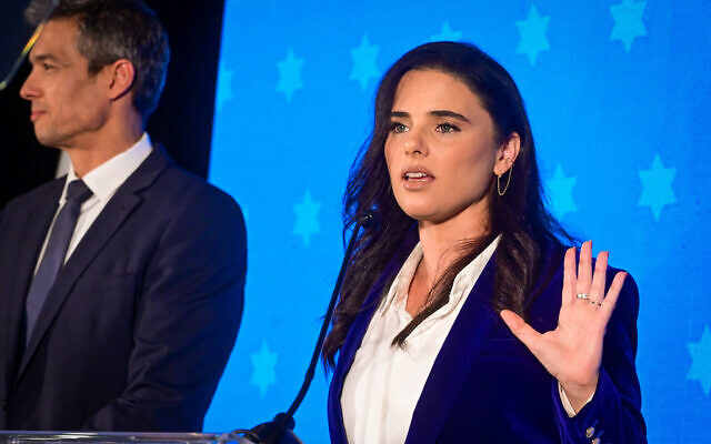 Then-interior minister and head of the Yamina party Ayelet Shaked holds a press conference at Kfar Maccabiah in Ramat Gan, on July 27, 2022. (Avshalom Sassoni/ Flash90)