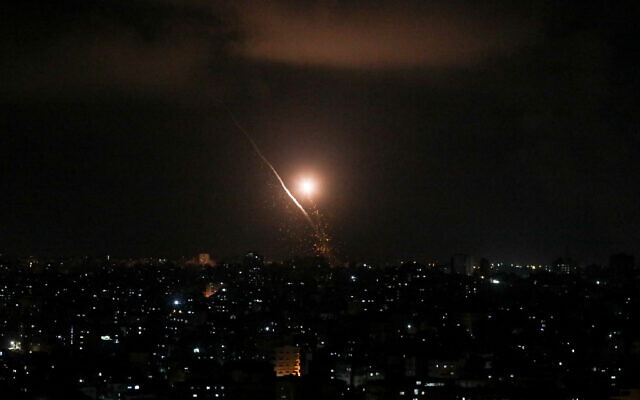 Rockets being fired by Islamic Jihad toward Israel from the Gaza Strip, on August 5, 2022. (Attia Muhammed/Flash90)