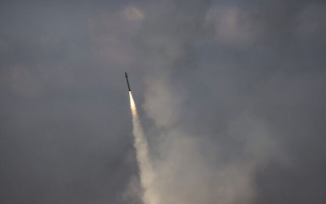 An Iron Dome air defense missile is seen being launched in southern Israel on August 06, 2022 (Yonatan Sindel/Flash90)