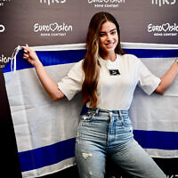 Singer Noa Kirel poses at a press conference in Tel Aviv on August 10, 2022, announcing her participation in the 2023 Eurovision Song Contest. (Avshalom Sassoni/FLASH90)