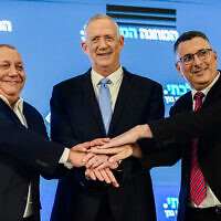 Defense Minister Benny Gantz, head of the National Union alliance, center, withJustice Minister Gideon Saar, right, and Gadi Eizenkot at a press conference in Ramat Gan on August 14, 2022. (Tomer Neuberg/Flash90)