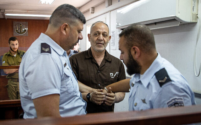 Bassem Saadi, head of the Palestinian Islamic Jihad terror group in the West Bank, appears for a hearing at Ofer prison, outside of Jerusalem, on August 21, 2022. (Oren Ben Hakoon/Flash90)