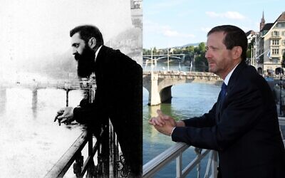 Composite photo showing Theodor Herzl, left, on the balcony of the Hotel Les Trois Rois in Basel, Switzerland, August 1897, and President Isaac Herzog on the same balcony, August 29, 2022. (GPO)