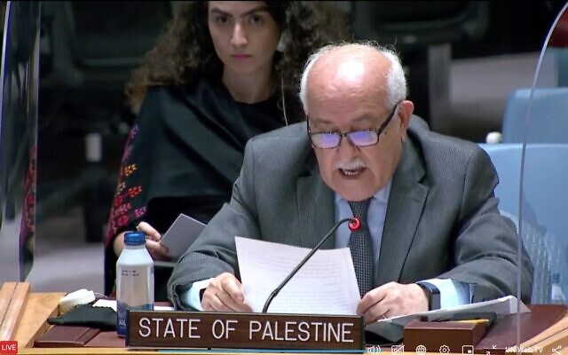Palestinian Ambassador to the UN Riyad Mansour addresses the Security Council on August 8, 2022. (Screen capture/UN TV)
