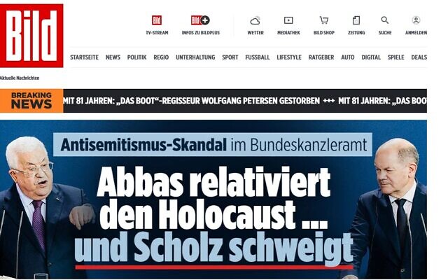 A headline on the website of Germany’s BILD newspaper expresses shock at PA leader Mahmoud Abbas’s use of the term ‘holocaust’ to describe past Israeli actions. (Screenshot)