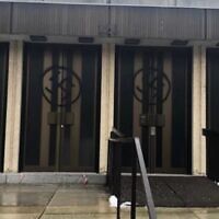 Swastikas were spray-painted on Montreal's Congregation Shaar Hashomayim's front doors, Jan. 13, 2021. (Photo distributed by Friends of Simon Wiesenthal Center via JTA)