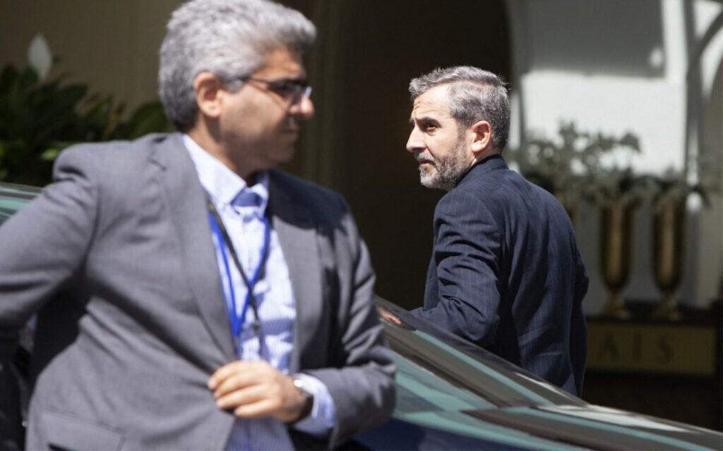 Iran's chief nuclear negotiator Ali Bagheri Kani, at right, arrives at the Coburg Palais, the venue of the Joint Comprehensive Plan of Action (JCPOA) talks in Vienna on August 4, 2022. (Alex Halada/AFP)