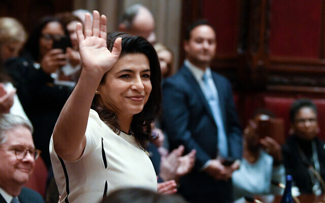 Then New York State Senator Anna Kaplan is introduced during opening day of the 2019 legislative session in the Senate Chamber at the Capitol in Albany, New York, January 9, 2019. (AP/Hans Pennink)