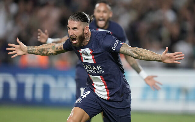 PSG's Sergio Ramos celebrates after scoring his side's third goal during the French Champions Trophy soccer match between Nantes and Paris Saint-Germain at Bloomfield Stadium in Tel Aviv, Israel, July 31, 2022. (AP Photo/Ariel Schalit)