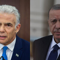 Composite image shows Prime Minister Yair Lapid, left, and Turkish President Recep Tayyip Erdogan, right. (Marc Israel Sellem/Pool; AP Photo/Burhan Ozbilici)
