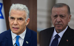 Composite image shows Prime Minister Yair Lapid, left, and Turkish President Recep Tayyip Erdogan, right. (Marc Israel Sellem/POOL, AP Photo/Burhan Ozbilici)