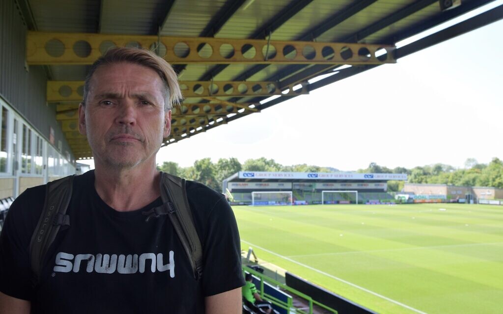Dale Vince, owner of Forest Green Rovers, at New Lawn Stadium in Nailsworth, England, August 20, 2022. (Shaul Adar)