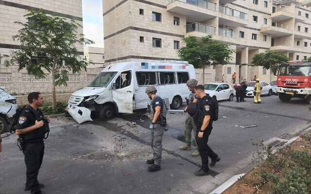 A rocket strike in the southern city of Ashkelon after barrage launched toward Israel by a Gaza terror group, August 6, 2022. (Israel Police)